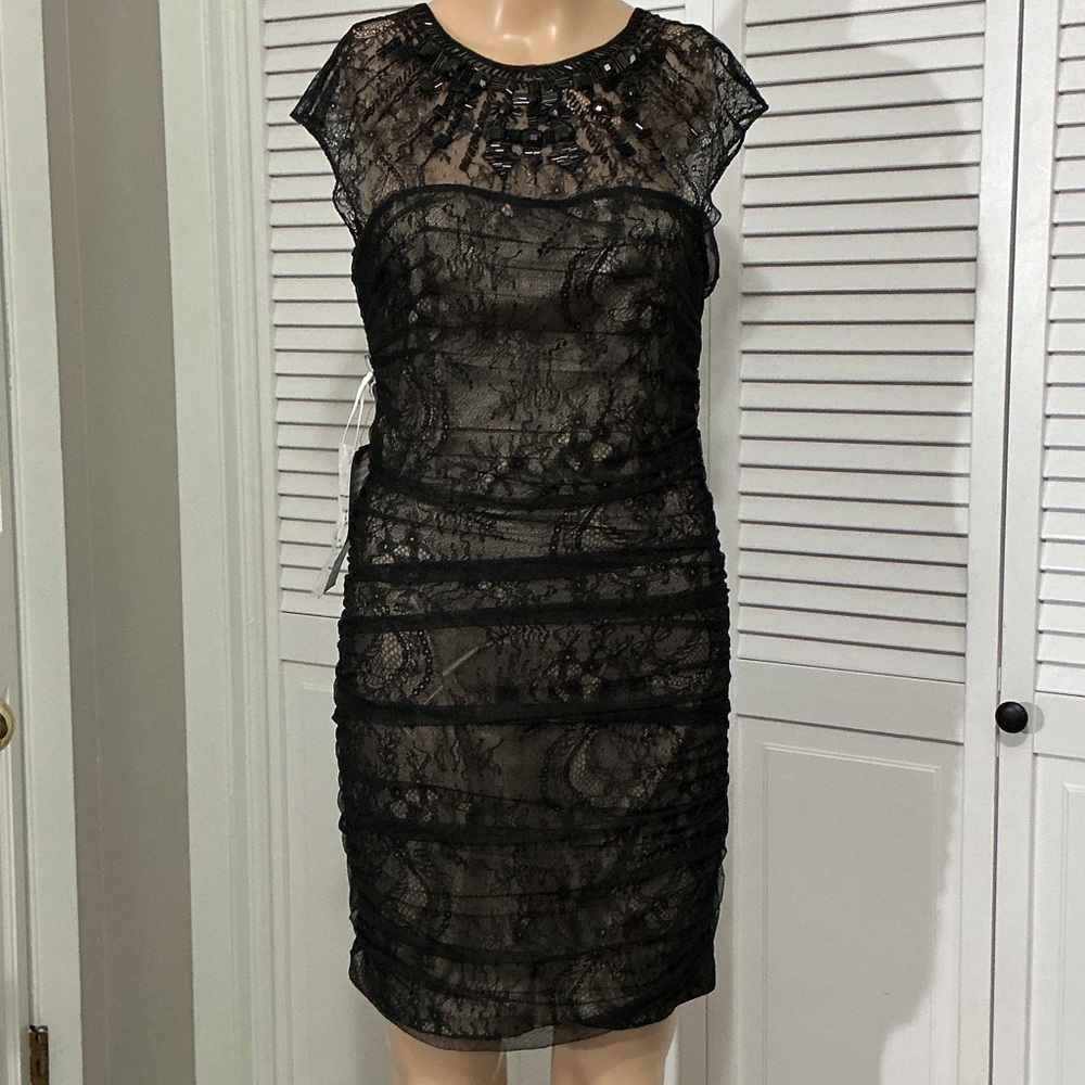 bebe Black Lace Mini Dress with Beaded Yoke